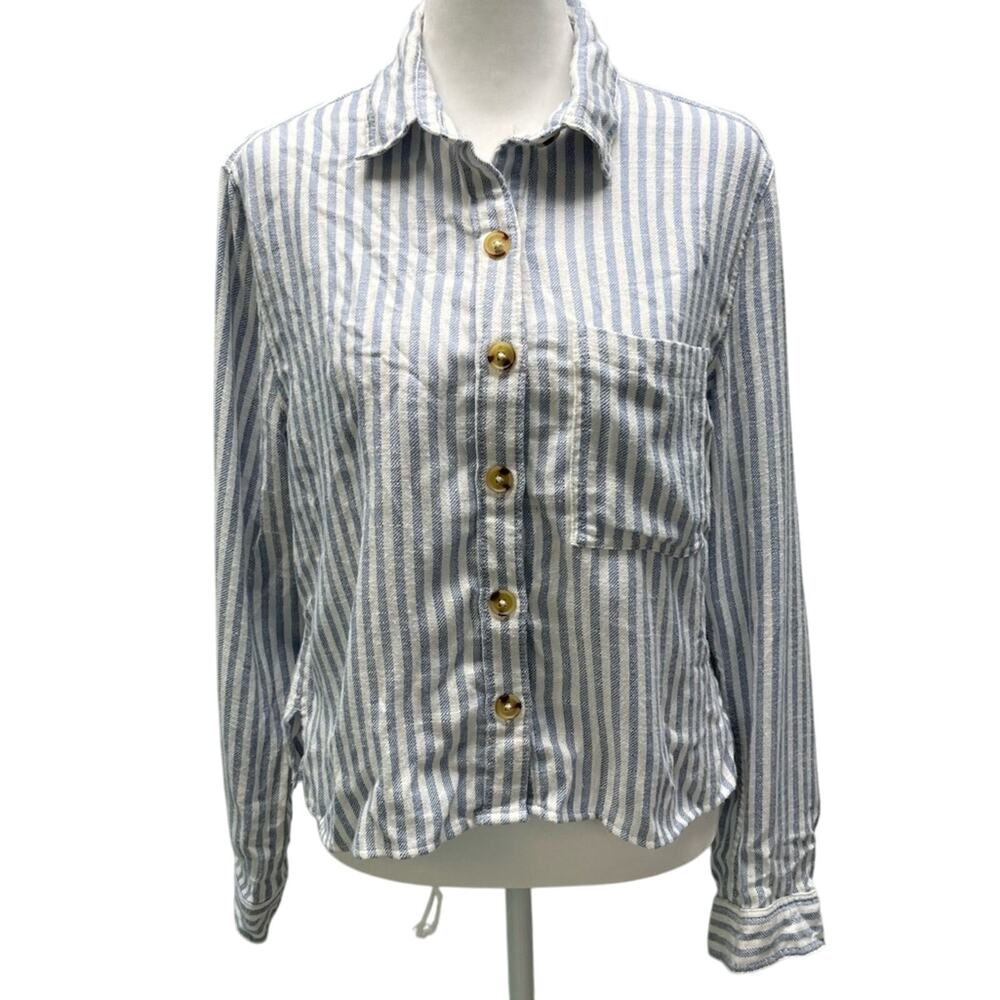 Aeropostale Blue White Striped Cropped Flannel Button down Shirt Size Small